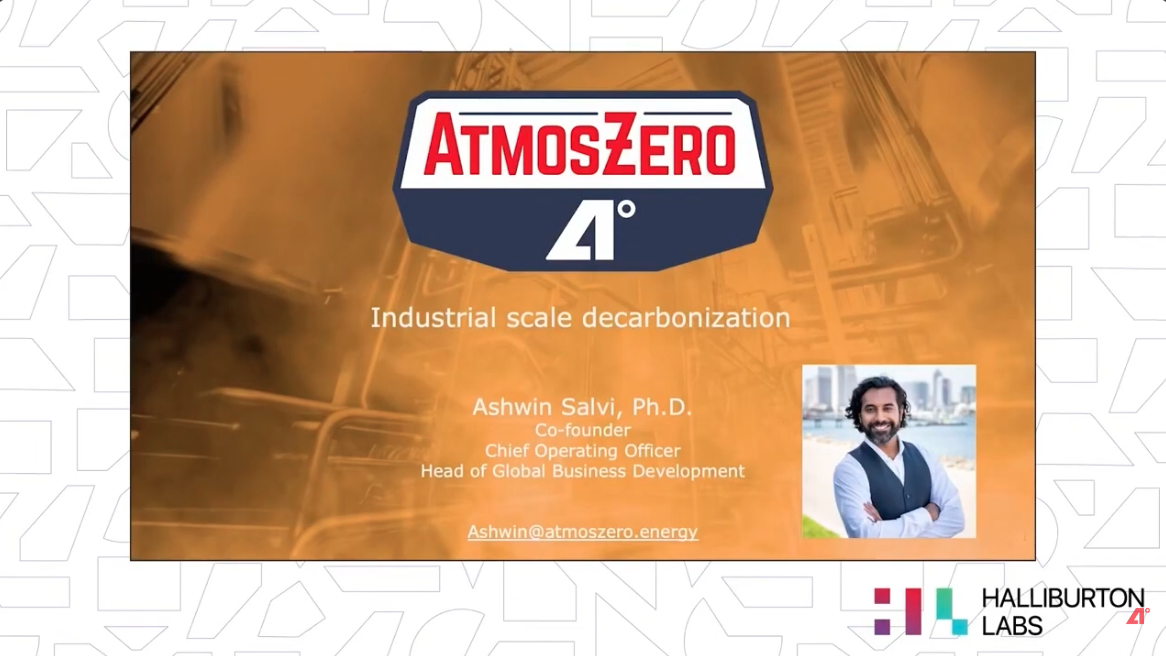 Ashwin Salvi präsentiert „Boiler 2.0“ von AtmosZero beim „Finalists Pitch Day“ der Halliburton Labs in New Orleans im März 2024